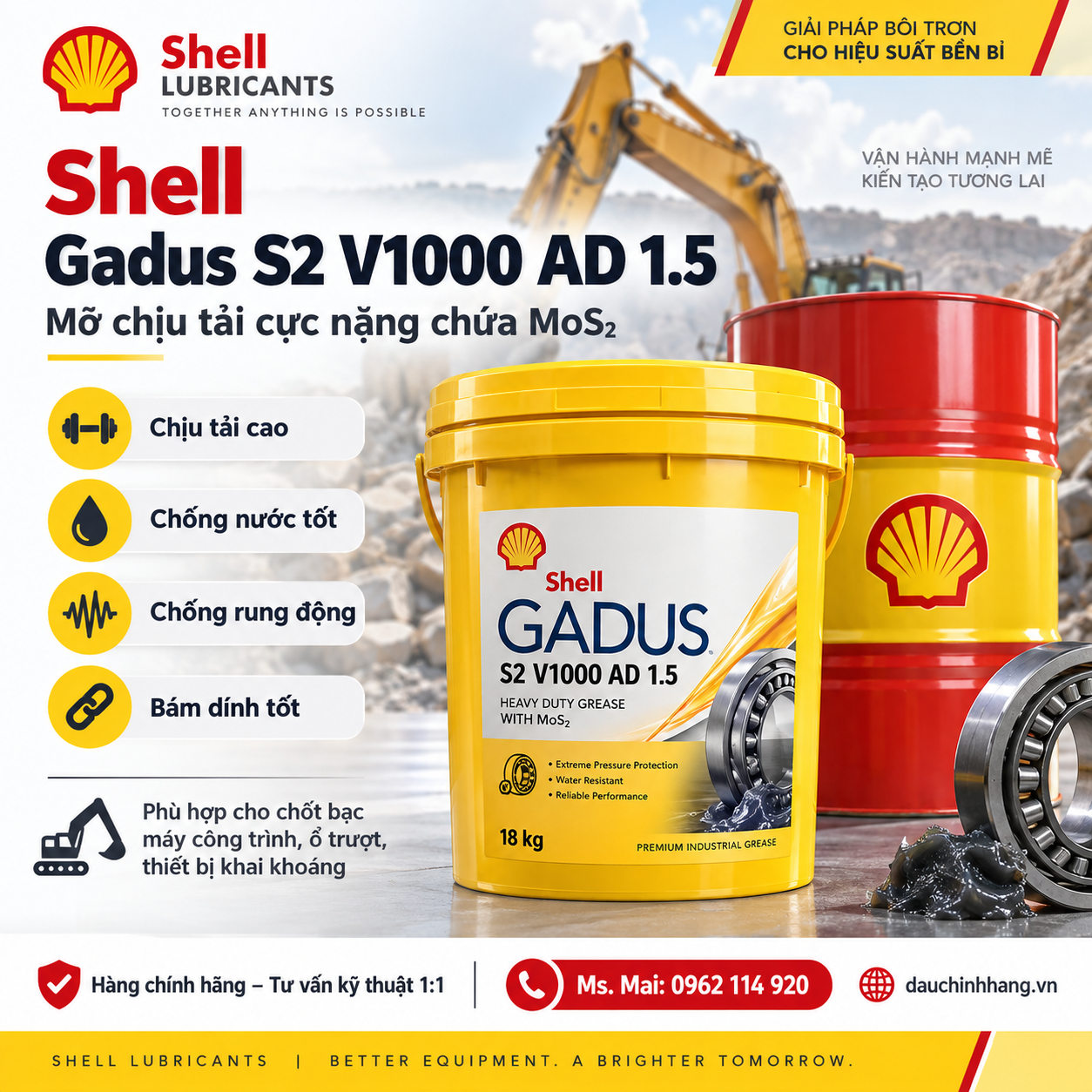 Shell Gadus S2 V1000 AD 1.5 – Mỡ MoS₂ Chịu Tải Cực Nặng
